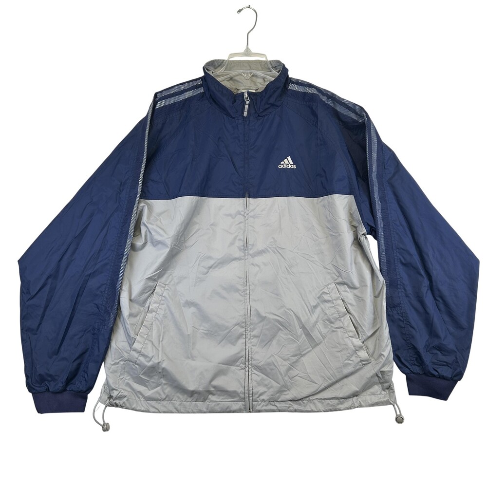 Vintage Adidas Jacket Mens XL Blue Gray Full Zip 3 Stripes Windbreaker Y2K Retro
